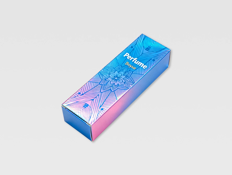 Iridescent blue pink tuck box with glossy reflective surface
