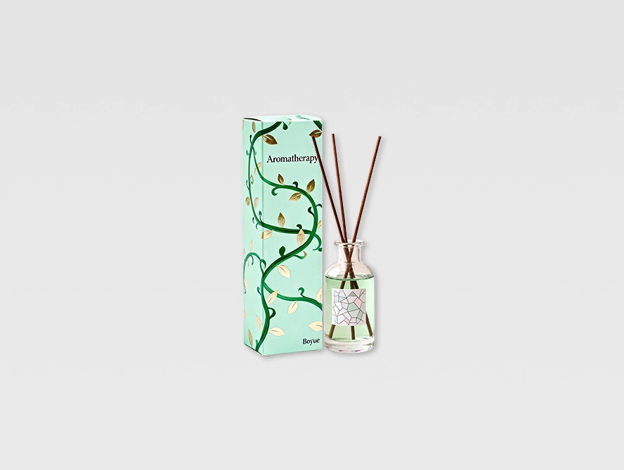 Green themed reed diffuser box with bamboo illustrations