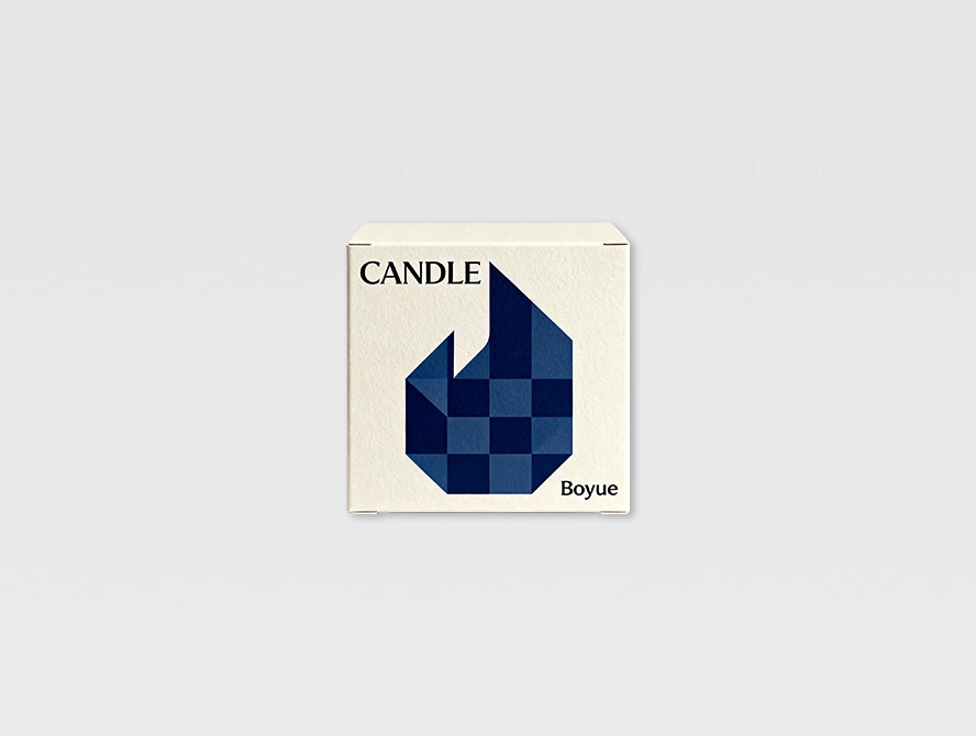 Luxury navy blue candle box with minimalist droplet logo