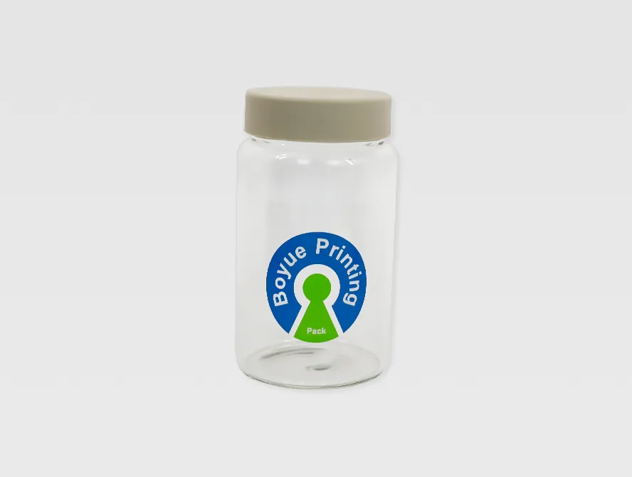 Clear jar with round blue and green custom logo sticker