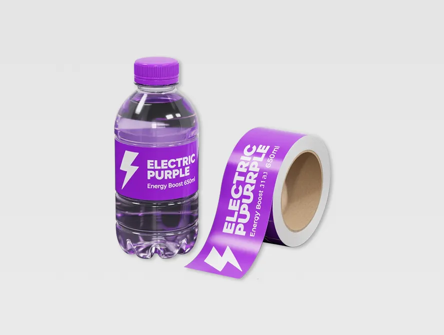 Purple water bottle label with matching custom roll packaging