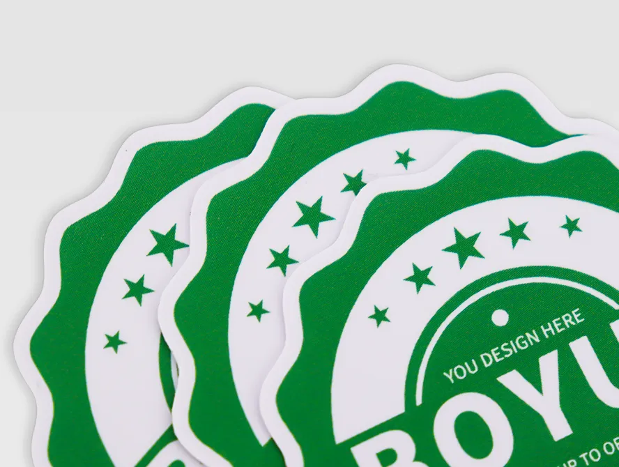 Stacked brand logo stickers with wavy border and green design