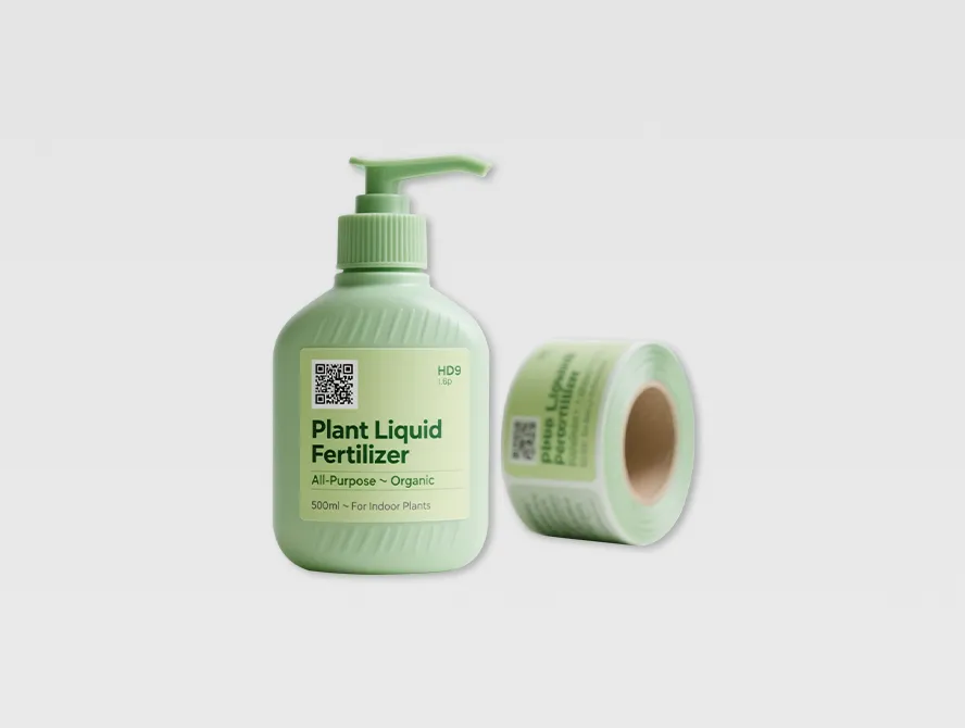 Green soap bottles with applied qr code stickers and kraft roll