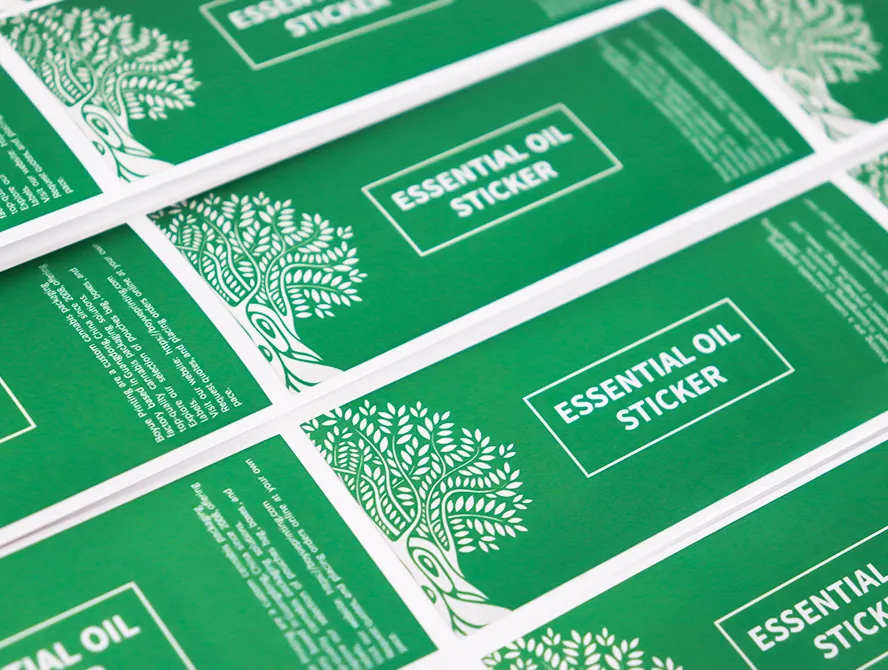 Multiple essential oil labels laid out for inspection