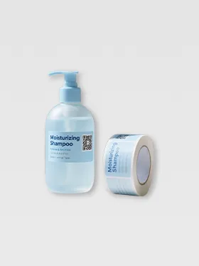Qr code label stickers applied on light blue shampoo bottles (2)