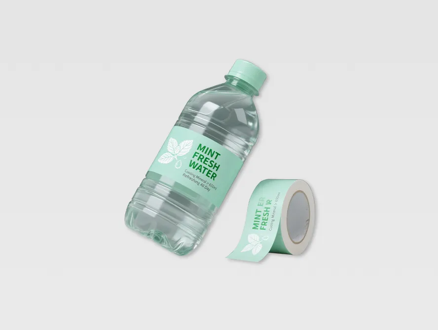 Custom green water bottle label with matching roll packaging