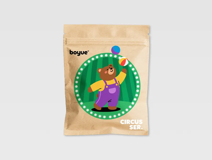 Custom kraft flat pouch with zipper and colorful cartoon label