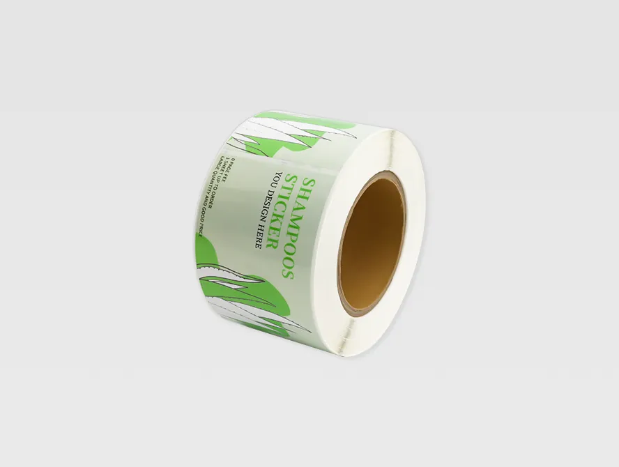 Angled view of shampoo label roll