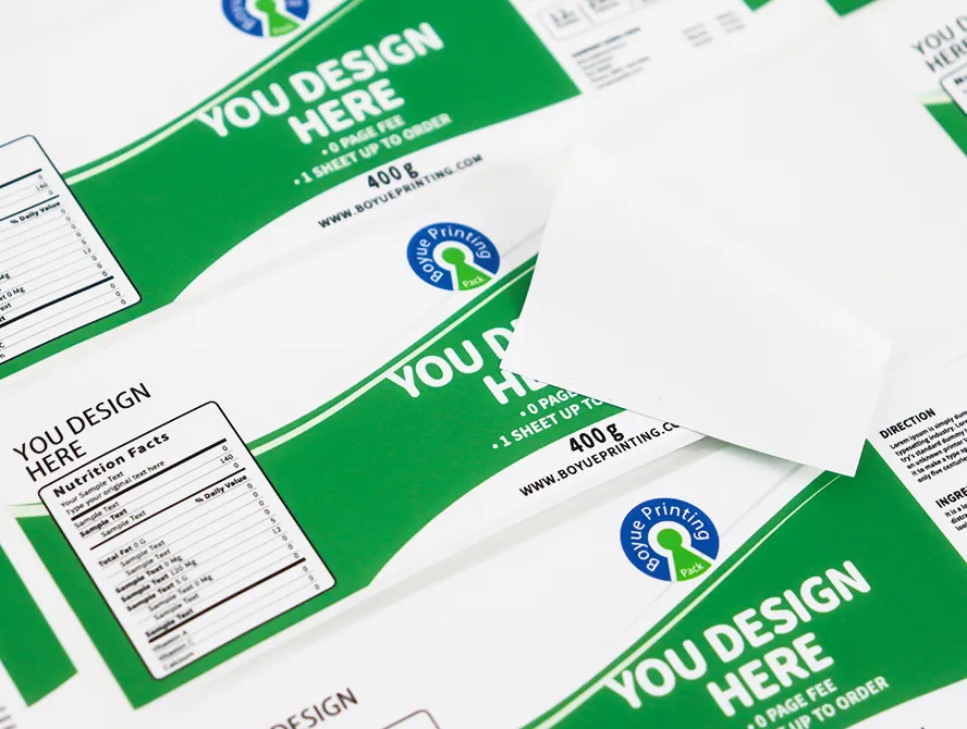 Stacked flat supplement labels with nutrition info