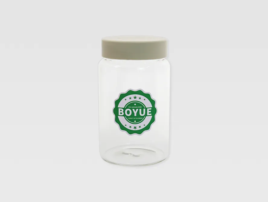 Clear jar with applied boyue brand sticker in center