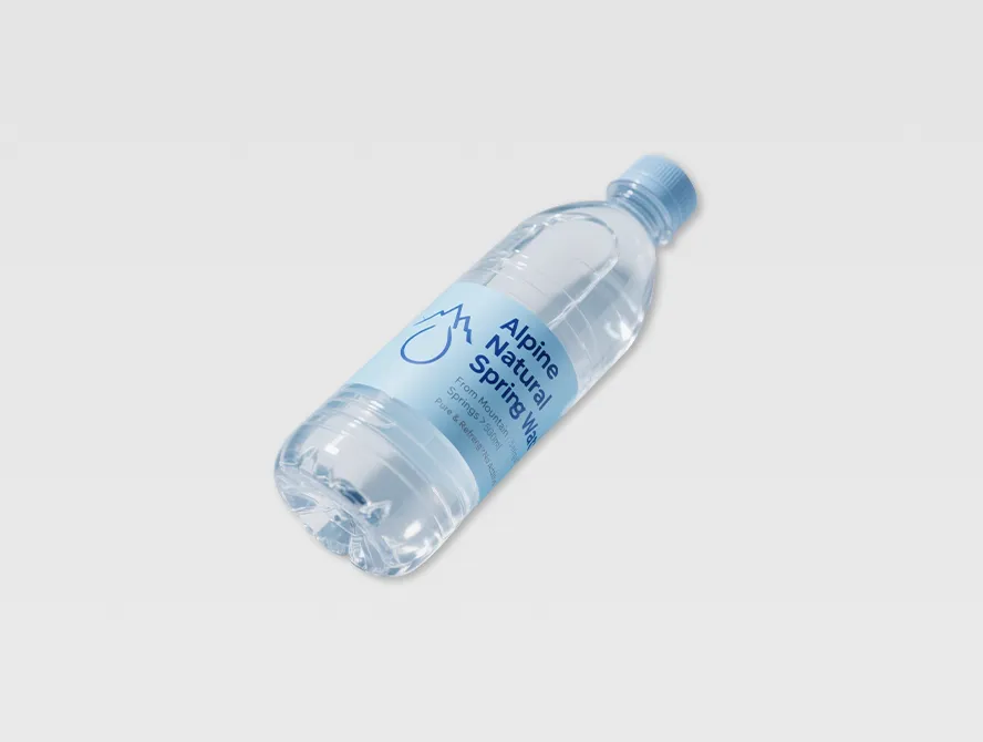 Clear water bottle with blue printed branding label