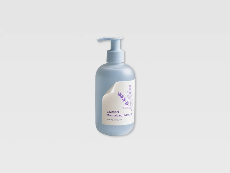 Personal care bottle with pastel blue removable label sticker