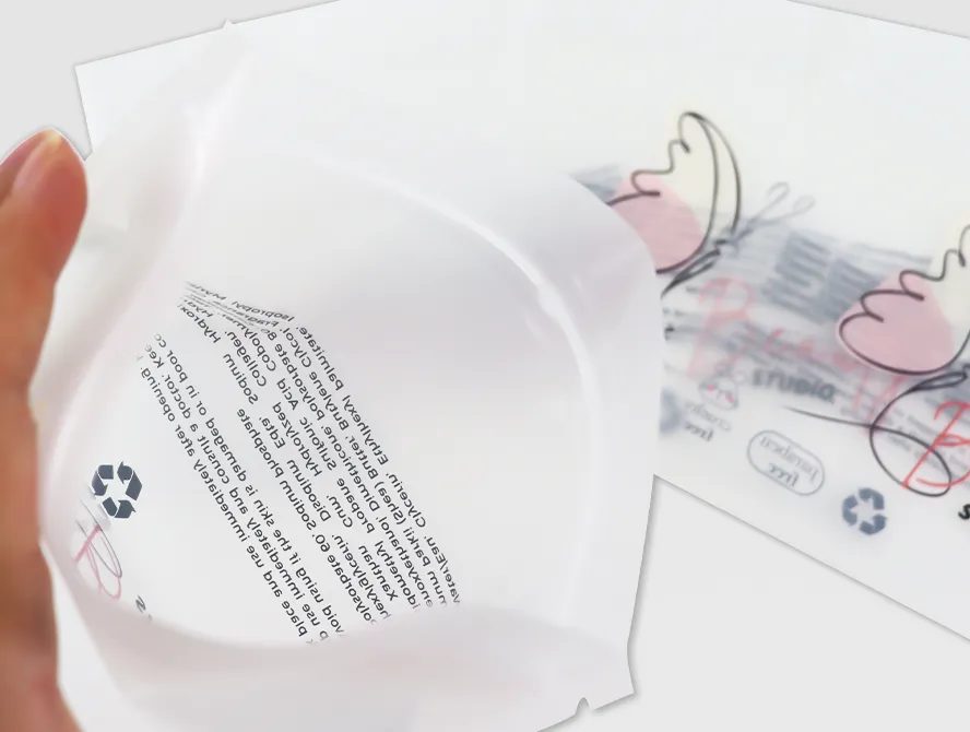 Hand peeling open a transparent 3 side seal pouch with a printed insert