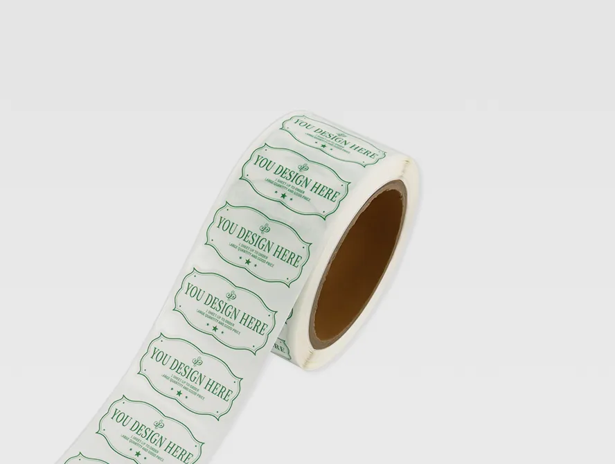 Roll of custom candle label stickers with green text on white background