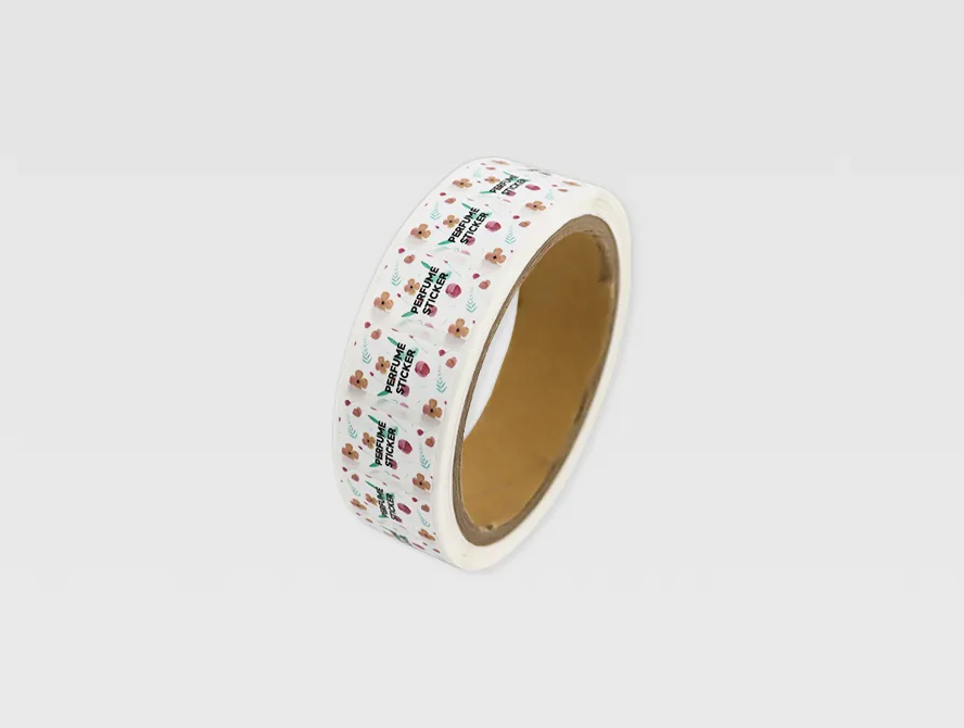 Side view of nail oil label roll with colorful print