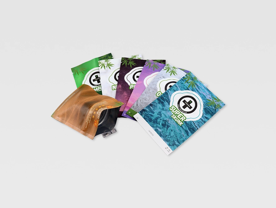 Custom cannabis flat pouches stacked in fan shape