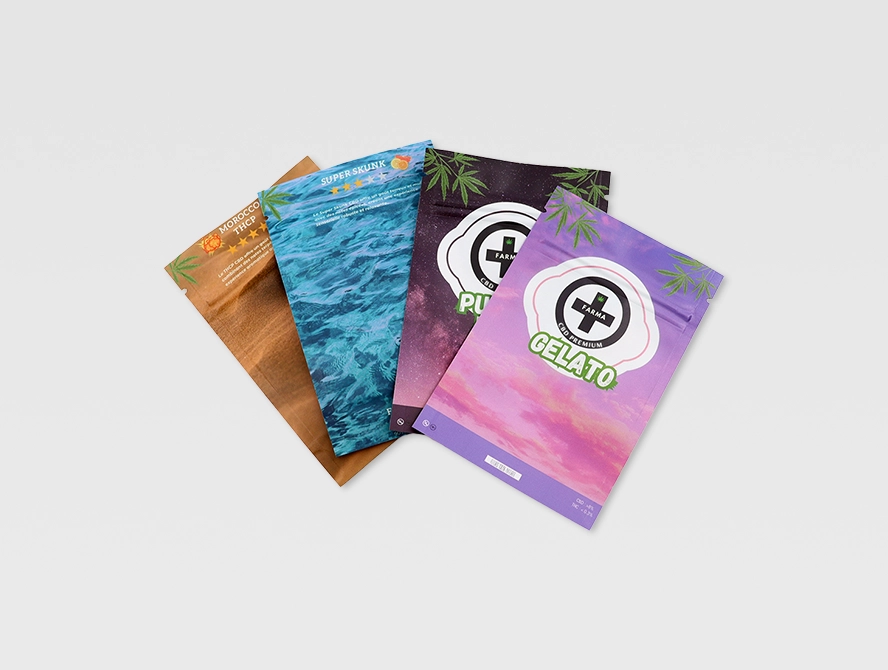 Multiple cannabis flat pouches with different artwork