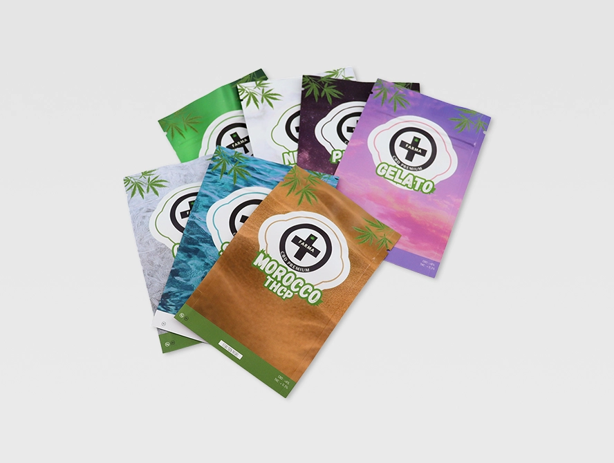 Cannabis flat pouches with colorful printed designs