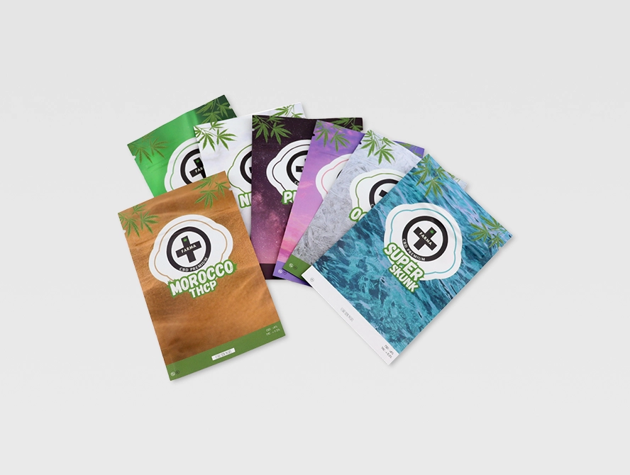 Printed cannabis flat pouches front view display