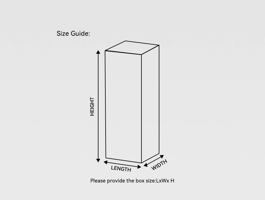 Packaging box size guide with dimension diagram