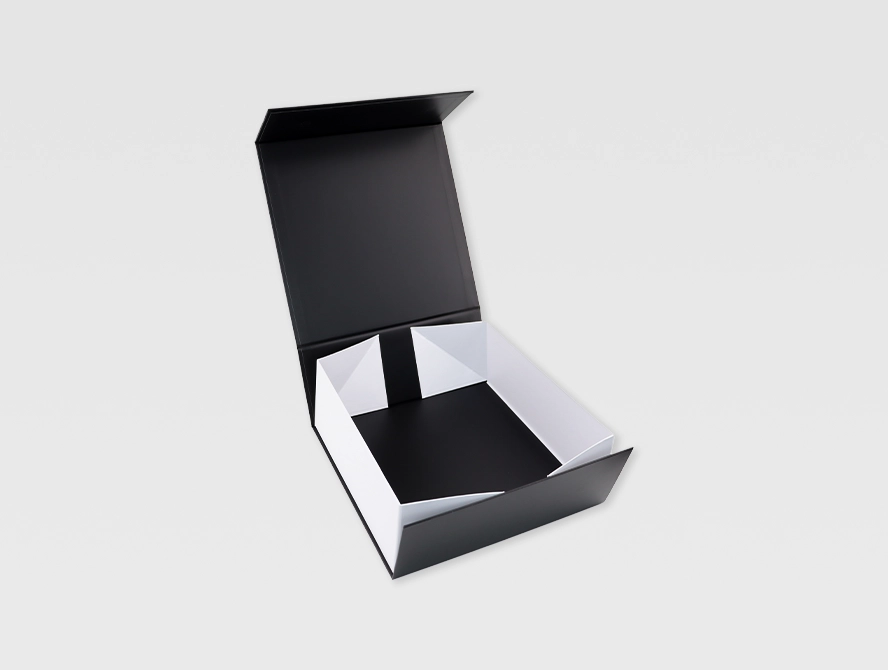 Black book style rigid box opened at 90 degrees