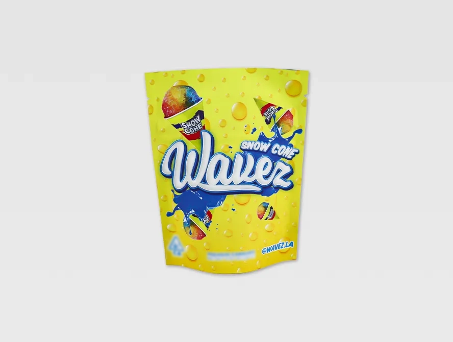 Yellow child resistant mylar bag with colorful snack design