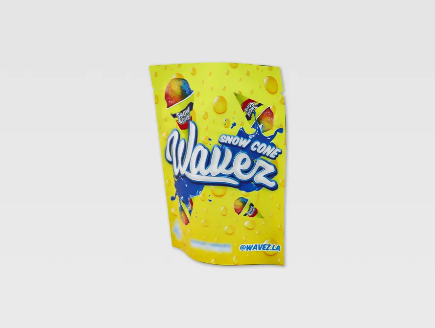 Front angled view of yellow child resistant packaging bag