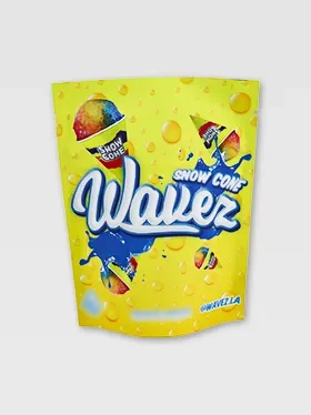 Yellow child resistant mylar bag with colorful snack design (2)