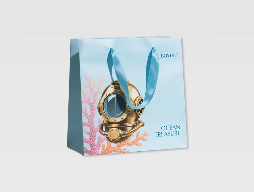 Blue custom shopping bag with golden jewelry illustration