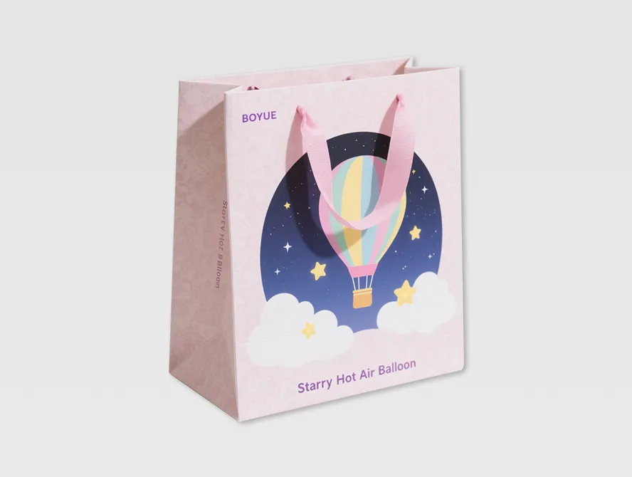 Pink and white custom gift bag with side gusset and soft handles