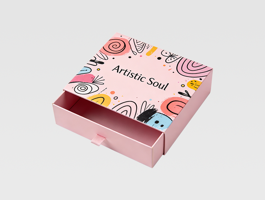 Custom pink drawer box packaging with printed design for retail products