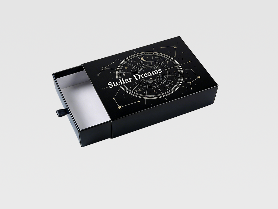 Custom black drawer box with pull ribbon for luxury packaging
