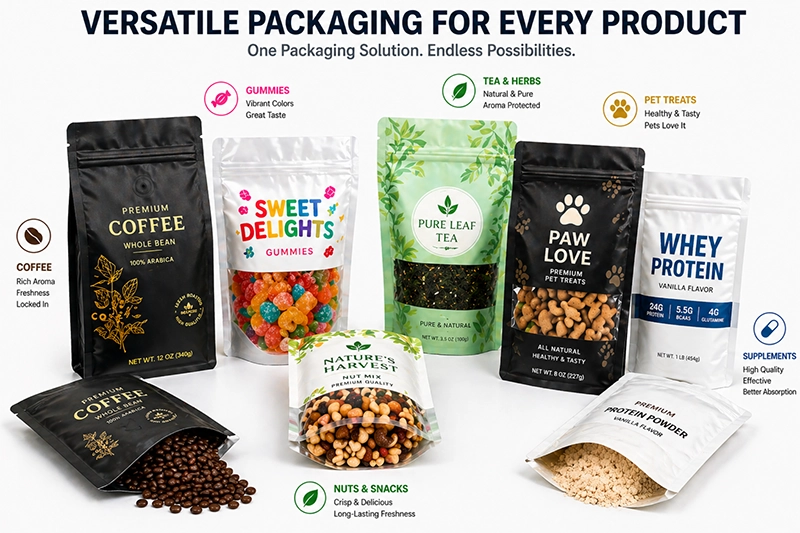 A collection of diverse Mylar bags for food storage including coffee, gummies, and supplements.