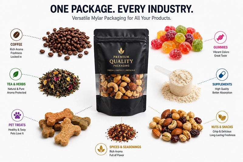 Best products for Mylar bag packaging: coffee beans, snacks, nuts, and protein powder.