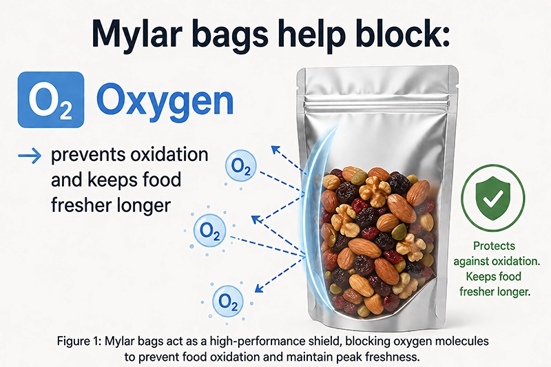 Mylar bag oxygen barrier preventing food oxidation and maintaining freshness.