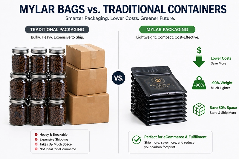Comparing Mylar bags vs traditional glass jars and boxes for shipping and storage efficiency.