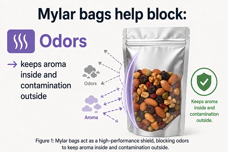 Mylar bag odor barrier keeping aroma inside and preventing outside contamination.