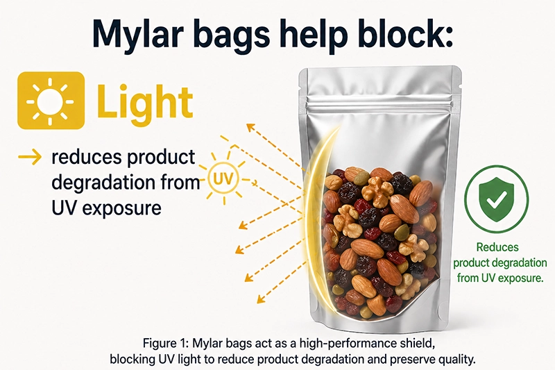 Mylar bag UV light barrier reducing product degradation from light exposure.