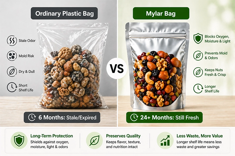 Comparing food shelf life: standard plastic bags vs high-barrier Mylar bags.