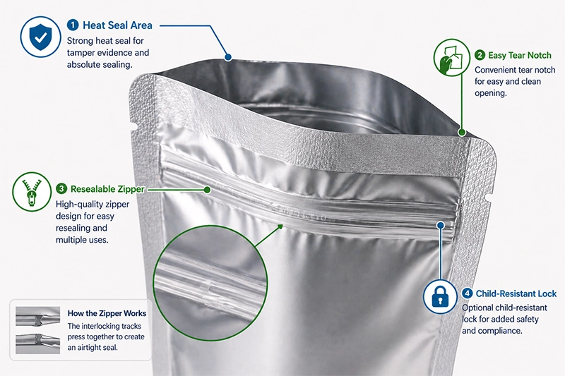 Functional features of Mylar bags including resealable zipper, heat seal, and tear notch.