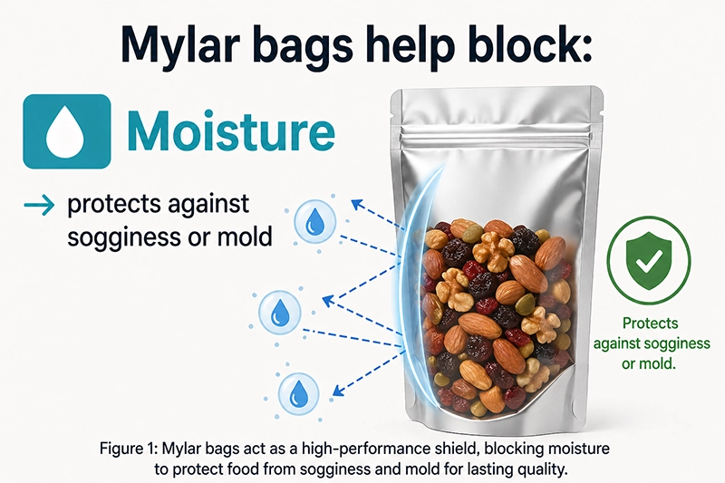 Mylar bag moisture barrier protecting food from sogginess and mold.